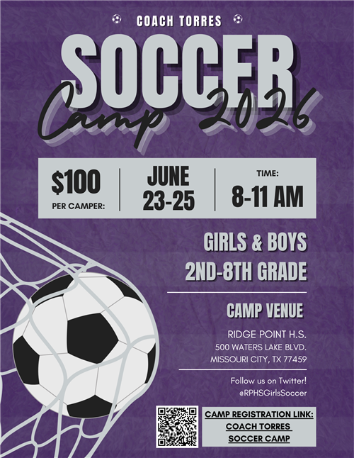 Purple flyer for ‘Coach Torres Soccer Camp 2026.’ Large text reads ‘SOCCER Camp 2026.’ Details include: $100 per camper; June